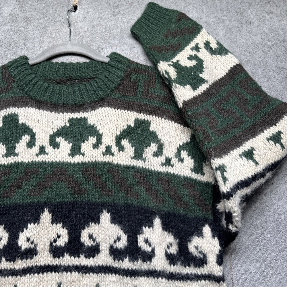 Vintage Hand Knit Wool Sweater Green Brown Cream Geometric Pattern Unisex Large